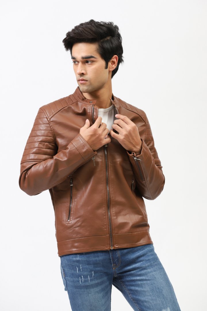 Faux Leather Jacket With Sleeves Stitching Patches